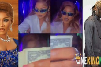 Fans gush as BBNaija Phyna makes wads of dollar note rains on Eloswag at his Birthday party (VIDEO)