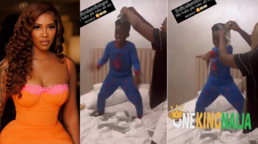 "Take all my money"- Tiwa Savage makes money rain on son Jamil, as he dances hard to hit song (VIDEO)