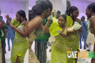 "They both look alike"- Adorable video of Actress Omowunmi Dada and Tiwi dancing together as she make money rain on her at her wedding ceremony trends online (WATCH)