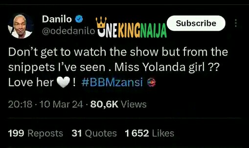 Danilo Tweets About BBMzansi Yolanda