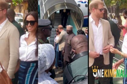 ‘’She looks so adorable in African Attire’’- Meghan Markle ties Aso oke as she touchdown in Lagos with Prince Harry on the 3rd day of their visit to Nigeria (Video)