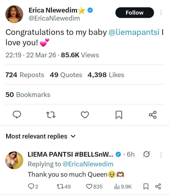 Erica on Liema winning the show.