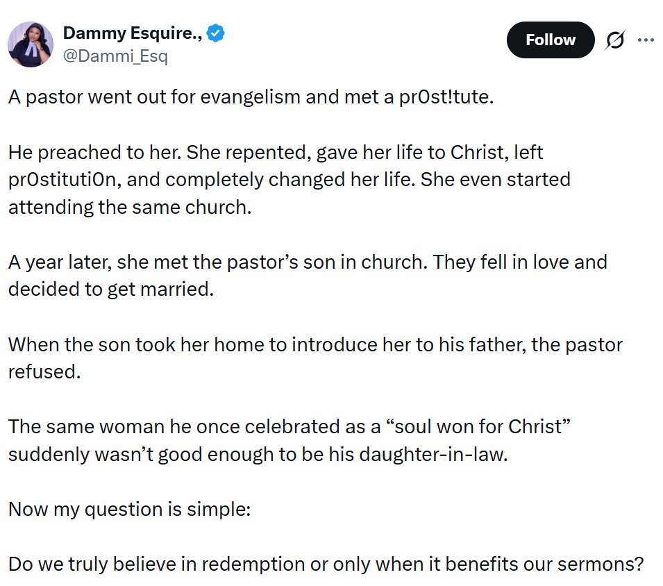 ‘’She gave her life to Christ, and has changed completely’’- Lady calls out pastor for refusing son to marry ex-prostitute
